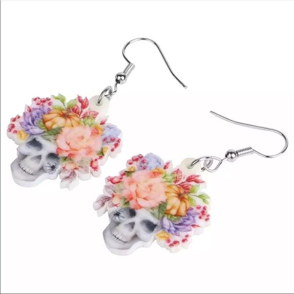 Skull with Floral Crown Lightweight Earrings Halloween Dia de los Muertos Sugar - Picture 4 of 5